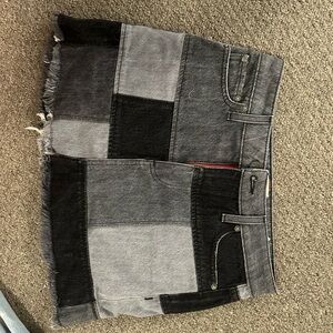 Alice and Olivia Patchwork Denim Skirt in Black and Gray